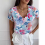 Women summer printed V-neck loose short-sleeved shirt