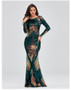 Plus Size Women Stretch Elegant Long Sleeve Round Neck Backless Sequined Mermaid Evening Gown