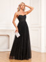 Women Elegant Strap V Neck Sleeveless Tulle Sequin Formal Party Evening Dress