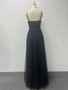 Women Elegant Strap V Neck Sleeveless Tulle Sequin Formal Party Evening Dress