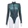 Women Striped Fluorescent Turtleneck Long Sleeve Padded Shoulder Zipper Bodysuit