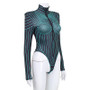 Women Striped Fluorescent Turtleneck Long Sleeve Padded Shoulder Zipper Bodysuit