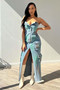 Women Sexy Strapless Off-Shoulder Tie-Dye Slit Cargo Denim Dress