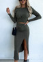 Winter and Spring knitting slit long-sleeved Bodycon skirt set