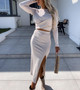 Winter and Spring knitting slit long-sleeved Bodycon skirt set