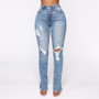 Slit Women's Blue Washed Ripped High Waist Stretch Denim Pants