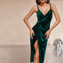 Women suspender velvet v-neck slit dress