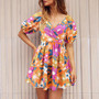 Women's Summer Printed V-Neck Lantern Sleeve Short Dress