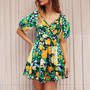 Women's Summer Printed V-Neck Lantern Sleeve Short Dress