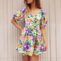 Women's Summer Printed V-Neck Lantern Sleeve Short Dress