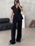 Fashion Casual Suit Sleeveless Oversize Belted Coat High Waist Pants Two Piece Set