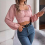 Spring/Summer Casual Lantern Sleeve Tie Slim Waist Chiffon Crop Top Women's Clothing