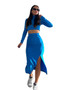 Spring And Autumn Solid Color Ribbed Round Neck Long-Sleeved Women's Two-Piece Fashionable Slit Maxi Skirt Set