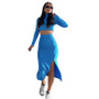 Spring And Autumn Solid Color Ribbed Round Neck Long-Sleeved Women's Two-Piece Fashionable Slit Maxi Skirt Set