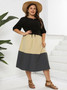 Plus Size Women Round Neck Short Sleeve Color Block Dress