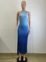 Women's Summer Sleeveless Slash Shoulder Gradient Color Sexy Slim Long Dress