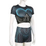 Geometric Line Print Patchwork Mesh Fishbone T-Shirt High-Waisted Shorts Casual Two-Piece Set