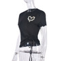 Summer T-Shirt Round Neck Heart Beaded Hollow Drawstring Solid Color Short Sleeve Women's Top