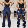 Women's Heart Printed High Waist Women's Bootcut Denim Trousers