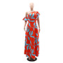 Printed Slash-Shoulder Ruffled Sleeves Women's Long Dress