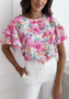 Women Summer Print Ruffle Sleeve Round Neck Short Sleeve Top