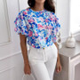 Women Summer Print Ruffle Sleeve Round Neck Short Sleeve Top