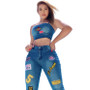 Women's Fashion Strap Letter Pattern Embroidery Sexy Denim Two Piece Pants Set