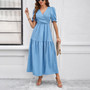 Women's Spring And Summer Solid Color Chic V-Neck Short-Sleeved Long Dress