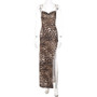 Women Chain Suspender Irregular Slit Leopard BacklessMaxi Dress