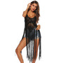 Women's Sheer Hook Sexy Halter Neck Lace-Up Cutout Long Tassel Solid Color Beach Cover Up