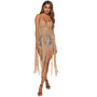 Women's Sheer Hook Sexy Halter Neck Lace-Up Cutout Long Tassel Solid Color Beach Cover Up