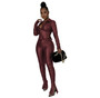 Women Solidpu Leather Long Sleeve Top And Pant Two-Piece Set