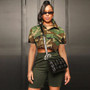 Women Casual Camouflage Print Pocket Turndown Collar Short Sleeve Jacket