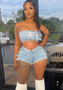 Fashionable Women's Clothing Sexy Strapless Beaded Stretch Two Piece Denim Shorts Set