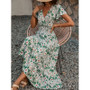 Summer V-Neck Short-Sleeved Print Cotton Dress Women's Fashion Chic Slim Waist Slim Fit Long Dress