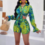 Summer Fashion Sexy Shooting Women's Lantern Sleeve Printed Knot Two Piece Shorts Set