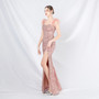 Feather Strap Sequined Long Evening Dress