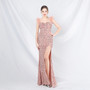 Feather Strap Sequined Long Evening Dress