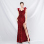 Feather Strap Sequined Long Evening Dress