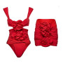 Women's Flower Decoration Hollow Solid Color Sexy One-Piece Swimsuit Skirt Set