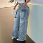 Women Pocket Loose Washed Cargo Denim Pants