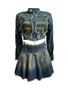 Women 's Embroidered Denim Top Pleated Skirt Two Piece Set