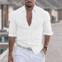 Men 's Summer Turndown Collar Long Sleeve Solid Color Beach Linen Shirt