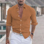 Men 's Summer Turndown Collar Long Sleeve Solid Color Beach Linen Shirt