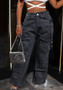 Women Washed Cargo Pocket Denim Straight Leg Pants