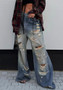 Women American Ripped Washed Loose Denim Straight Pants