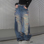 Women American Ripped Washed Loose Denim Straight Pants