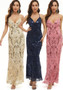 Women Sequin Dress Chic Suspender V Neck Backless Formal Party Maxi Evening Dress