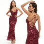 Women Sequin Dress Chic Suspender V Neck Backless Formal Party Maxi Evening Dress