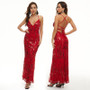 Women Sequin Dress Chic Suspender V Neck Backless Formal Party Maxi Evening Dress